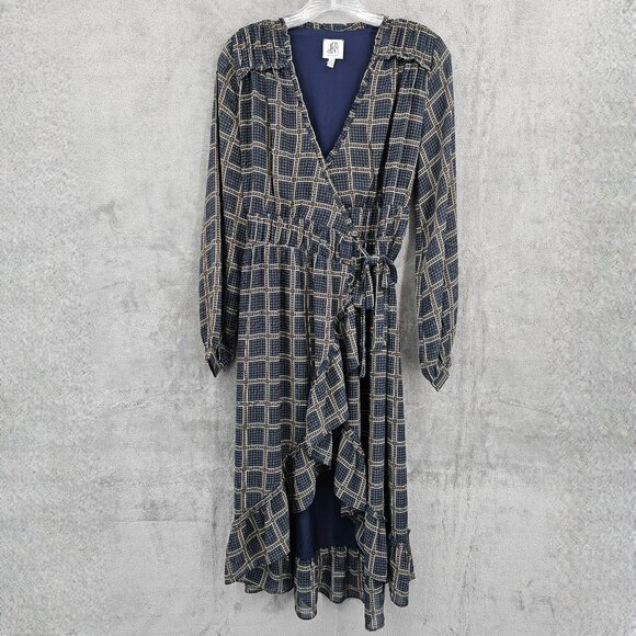 dRA Los Angeles Cicero Wrap Dress S Blue Brown Ruffled Lined Long Sleeve Retro - Picture 3 of 15